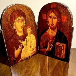 Greek Diptych of Jesus Christ Pantocrator and Mary holding the child Jesus.